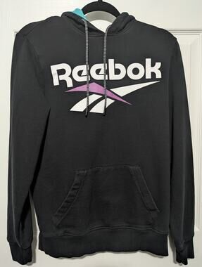 Reebok Classic Vector Logo Pullover Hoodie Black Teal Purple Size Small EUC